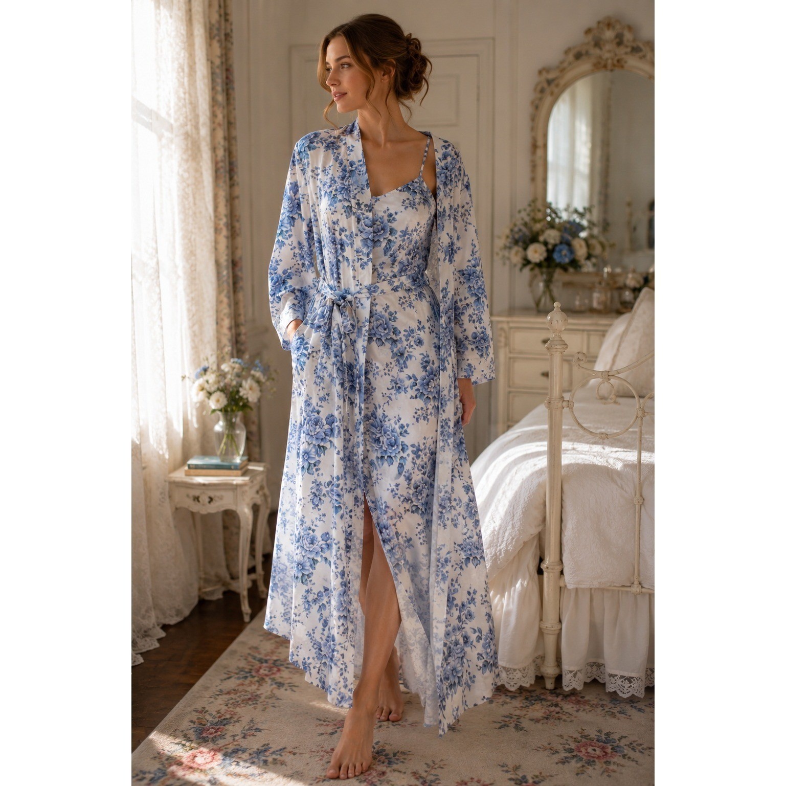 Victoria’s Secret Gold Label Blue White Floral Maxi Robe Slip Set Cottagecore