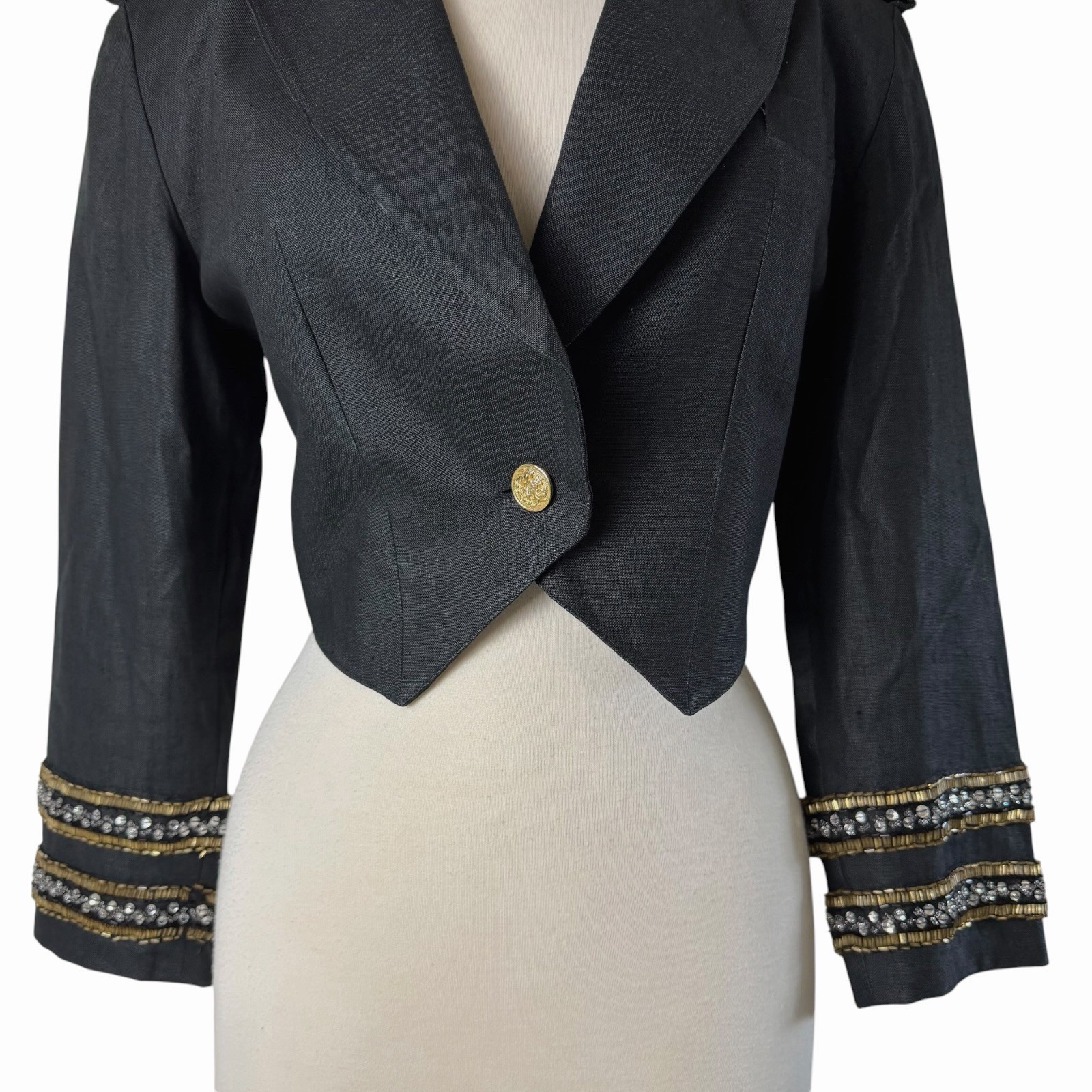 Vintage Pia Rucci Black Linen Cropped Spencer Jacket Military Beaded Blazer Sz 6