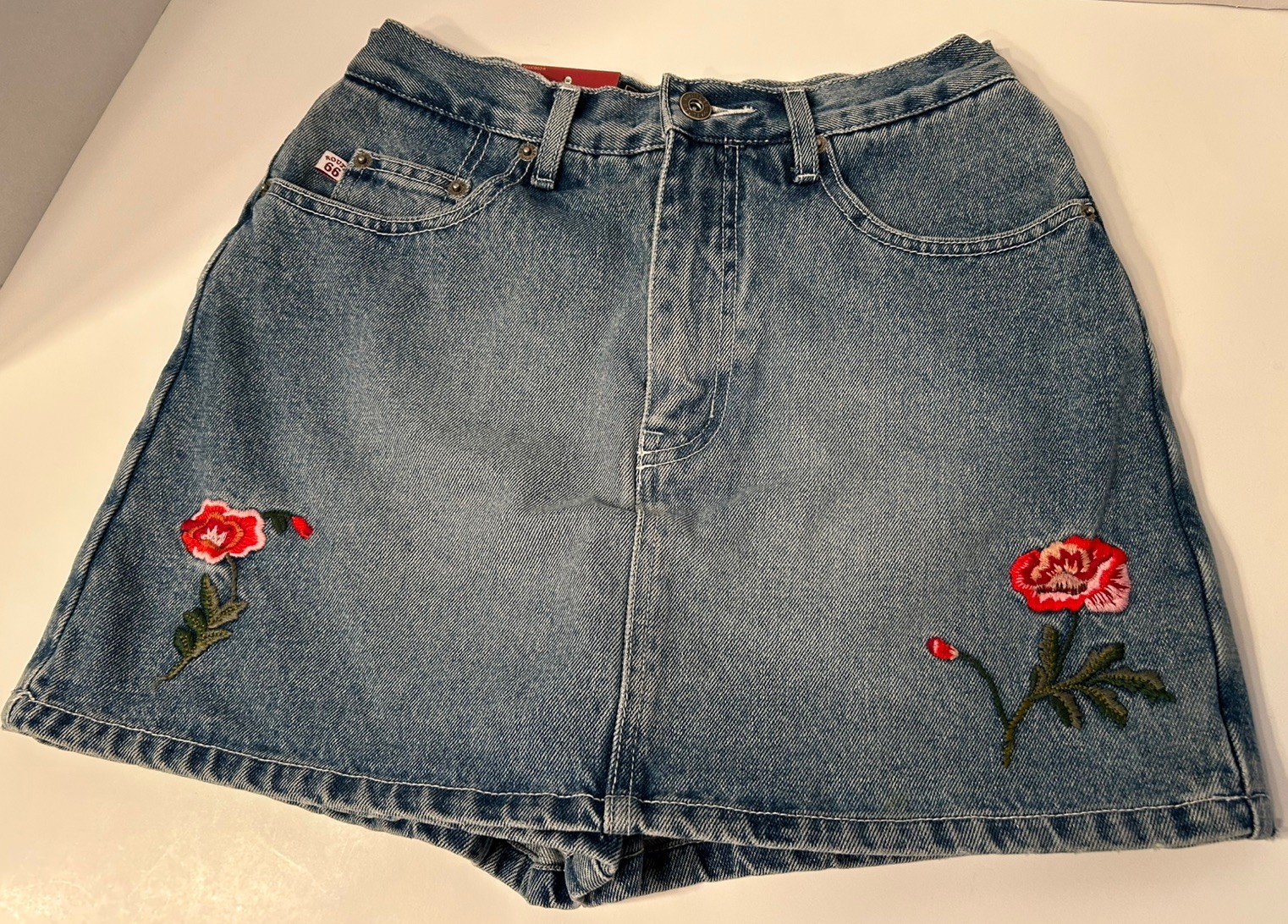 Vintage Kmart 80’s Route 66 Women’s Denim Jean Skort Sz 5/6 Embroidered Flowers