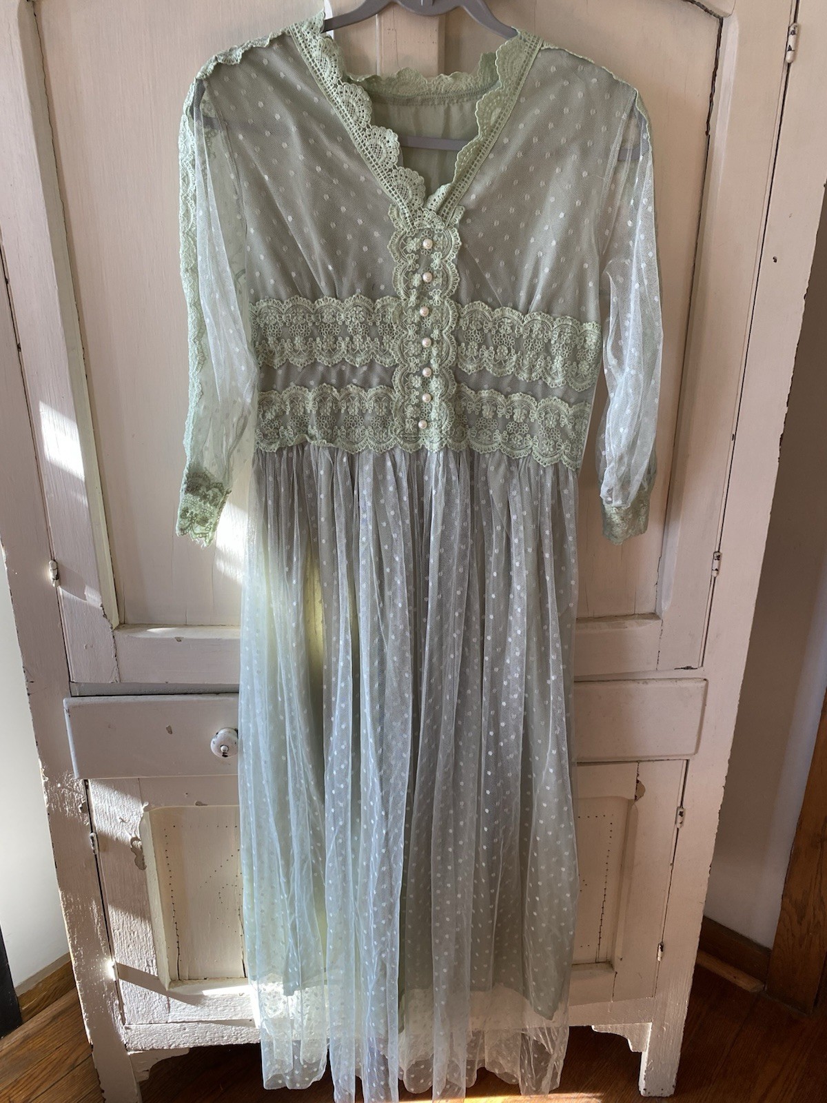 Lace Prairie Victorian Dress Light Green 100% Polyester Sheer Women’s Size S