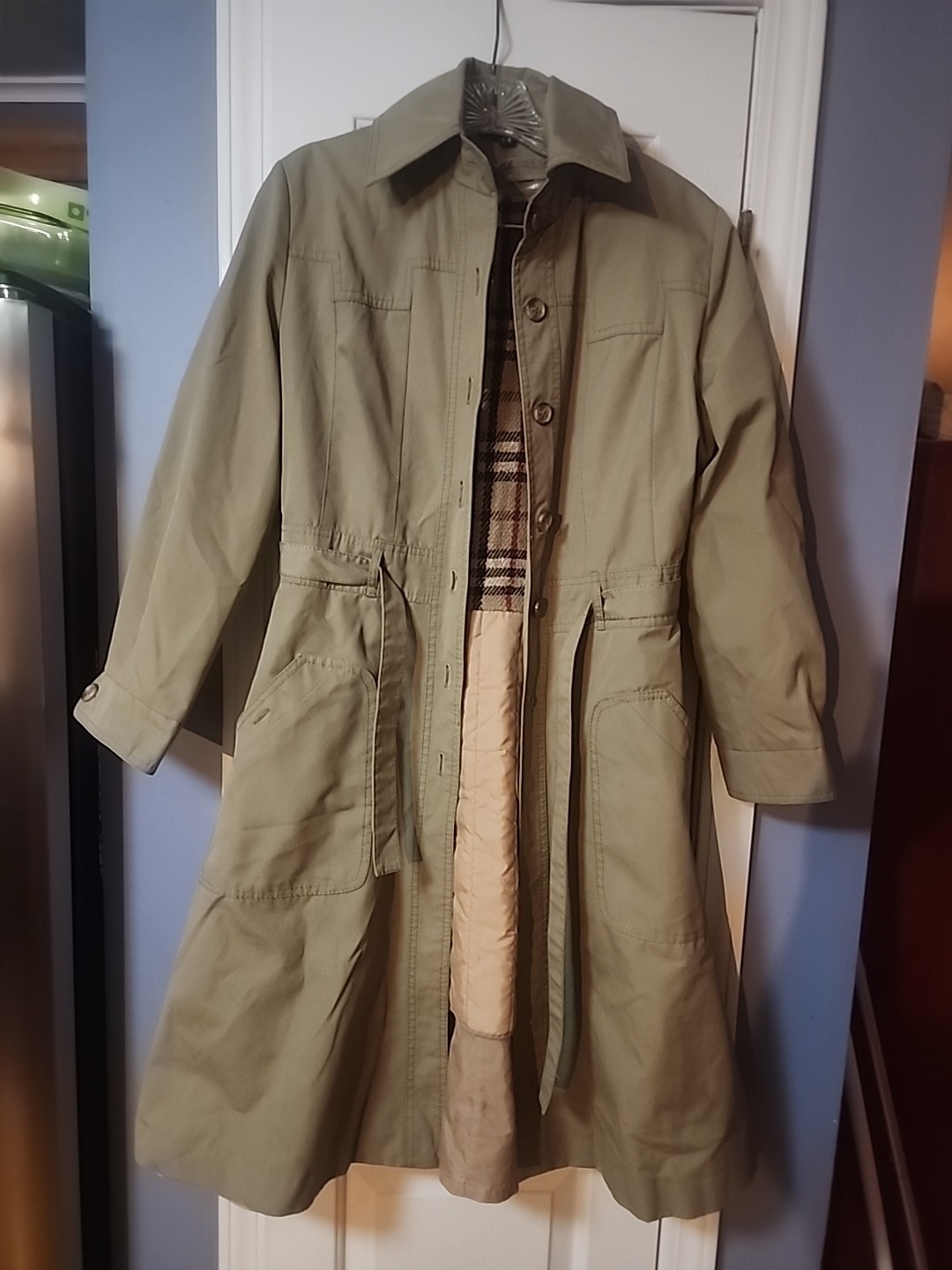 Womens Tan Fitted Trench Coat 7/8 Zip In Plaid Wool Liner Not A Burberry