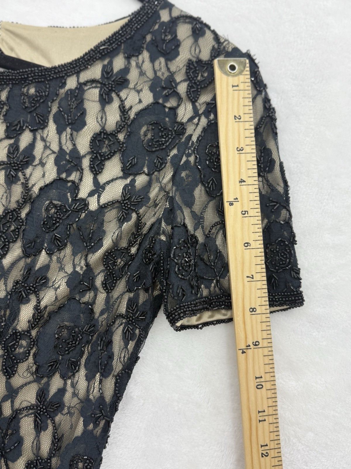 Vintage Black Lace And Nude Dress Beaded By Brilliante J.A. Size Small