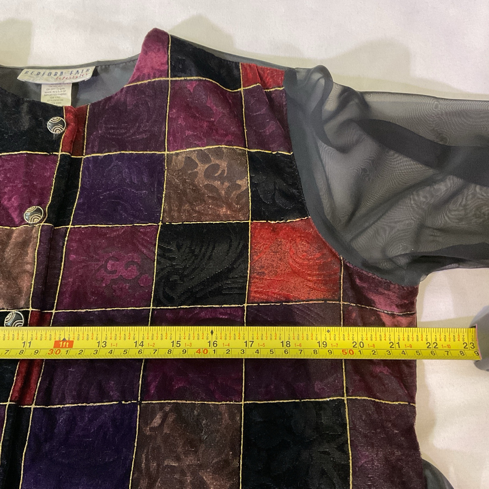 Vtg 90’s Bedford Fair Multicolor Velvet Patchwork Blouse Sheer Sleeves Sz 16P