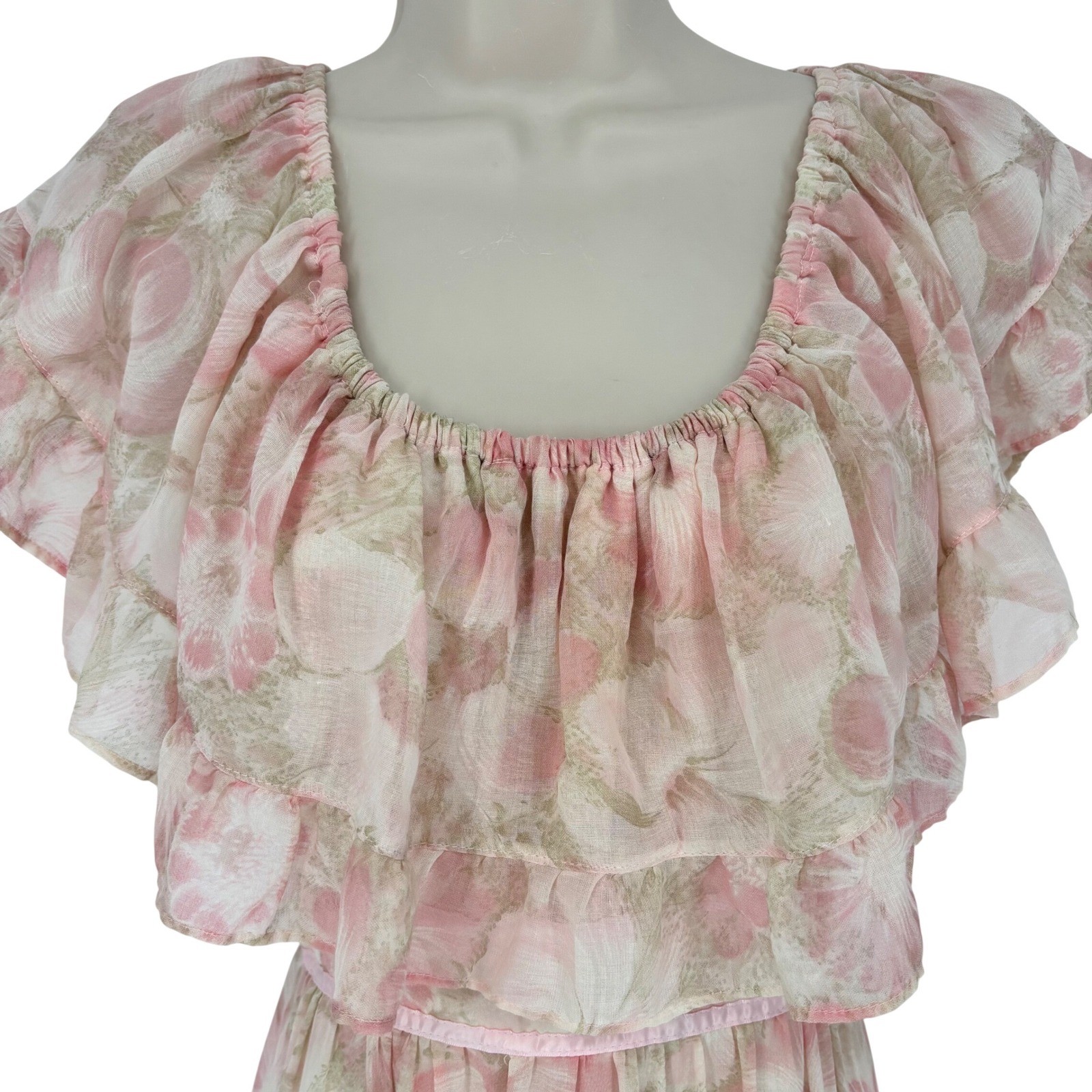 Vintage Candi Jones California Pink Floral Off Shoulder Ruffle Maxi Dress 70s