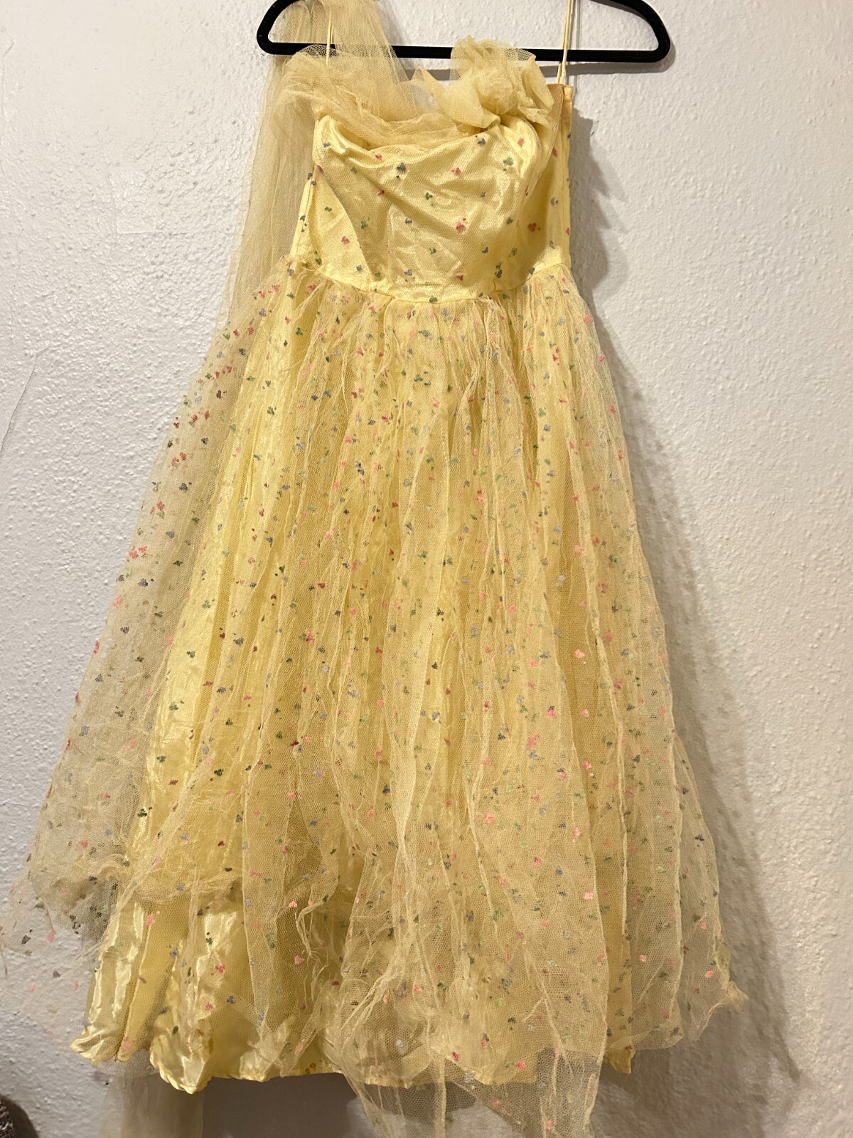 Vtg 1950’s 50s Strapless Yellow Flocked Tulle Party Prom Wedding Dress Gown