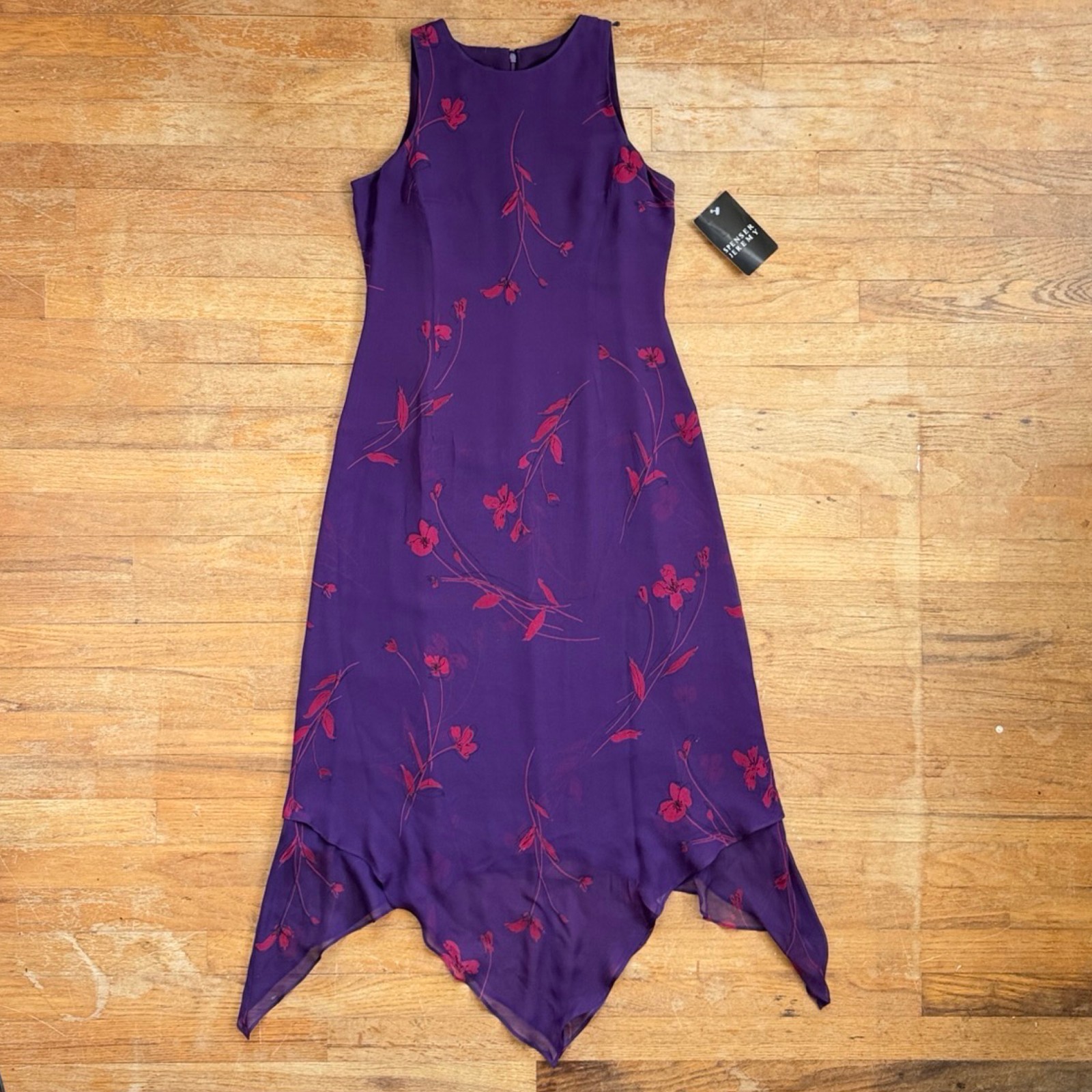 Vintage Floral Silk Handkerchief Dress Size Small 90s Purple Crepe Maxi