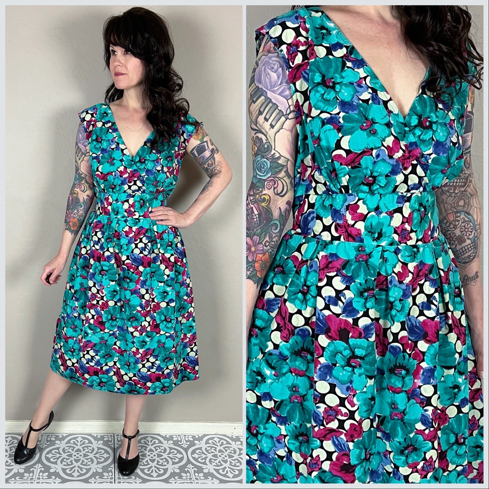 Vintage 1990s Teal Floral & Polka Dot Print Sleeveless Cotton Dress – 36″ Waist