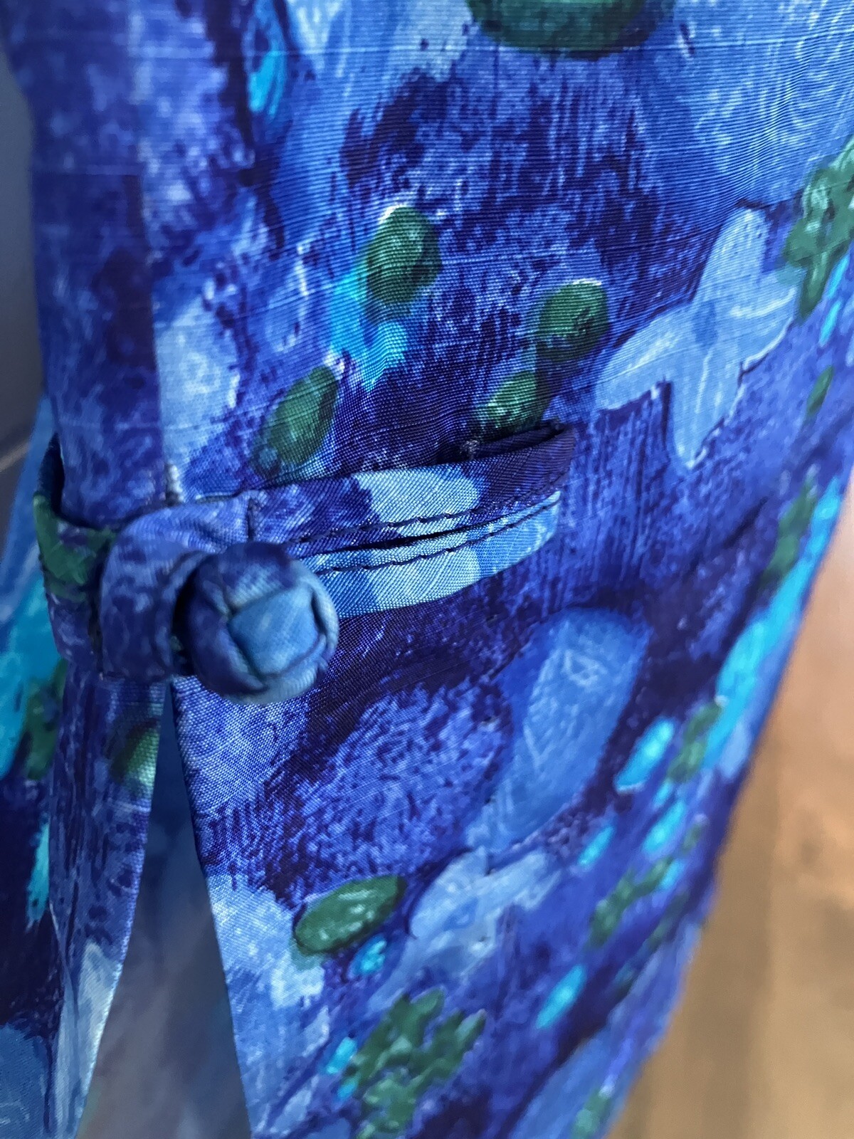 Vtg 60’s Richard Douglas Hawaii Maxi Dress Blue Floral Cheongsam Wiggle Sateen S