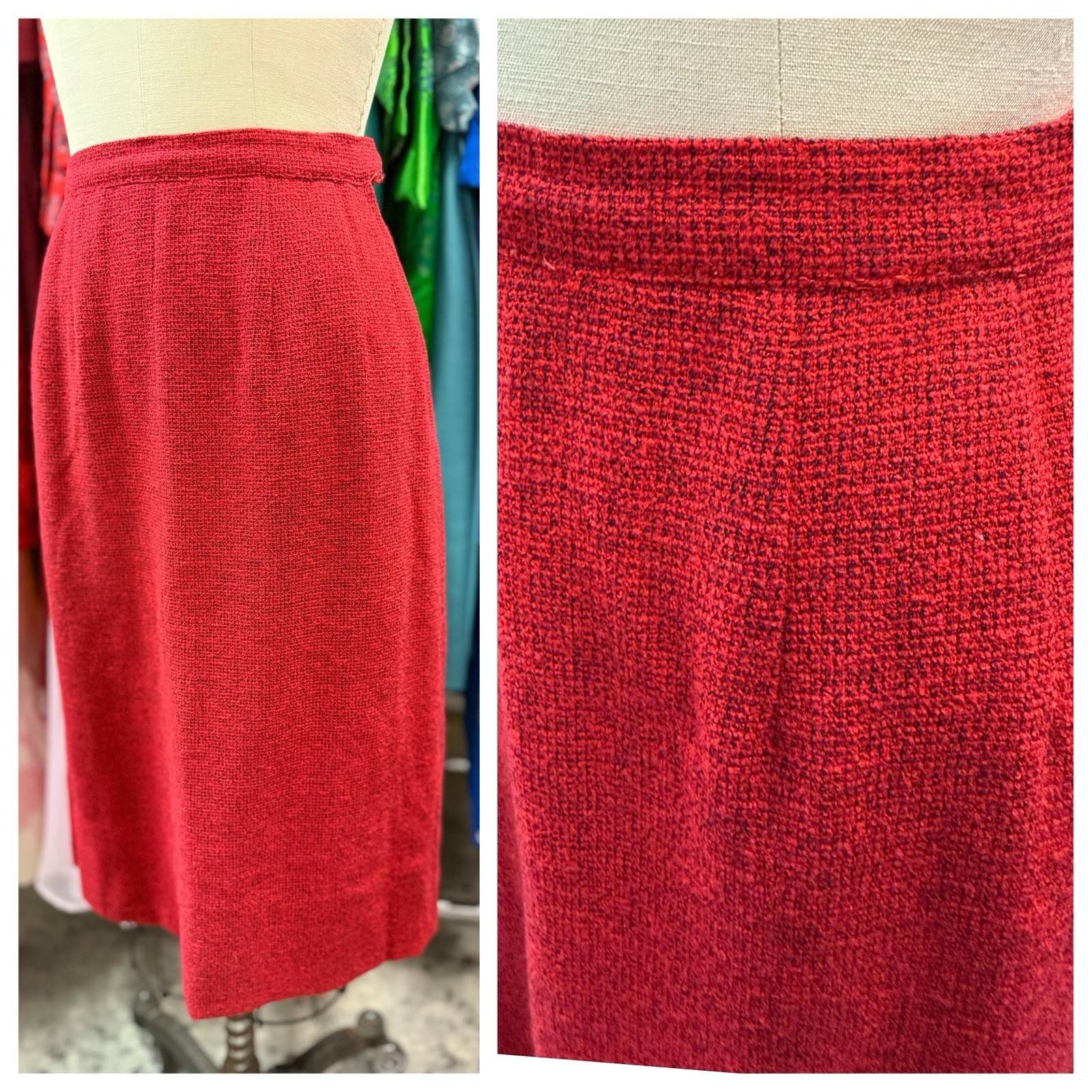 Vintage 1950s Textured Cherry Red Tweed 2pc Womens Suit Blazer / Skirt Small