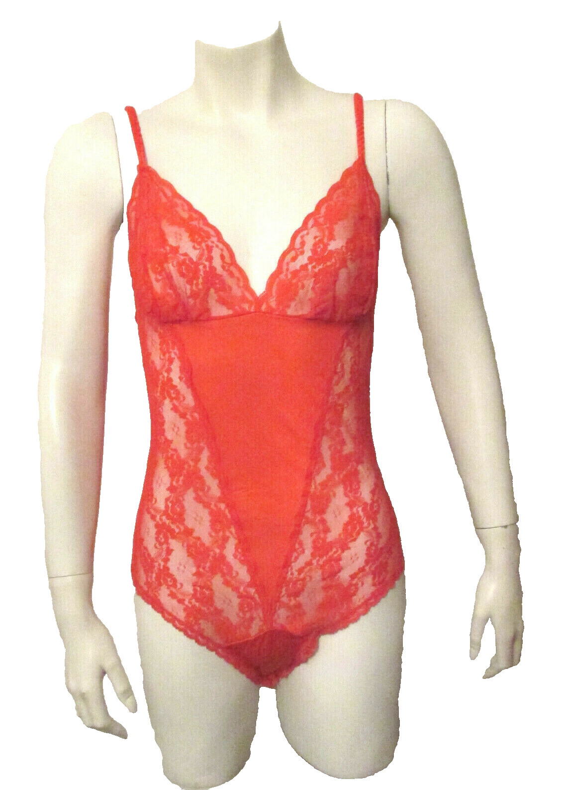 Vtg Chic Lingerie Sheer Red Nylon Lace Trim Hi-Cut Teddy Romper Bodysuit M USA