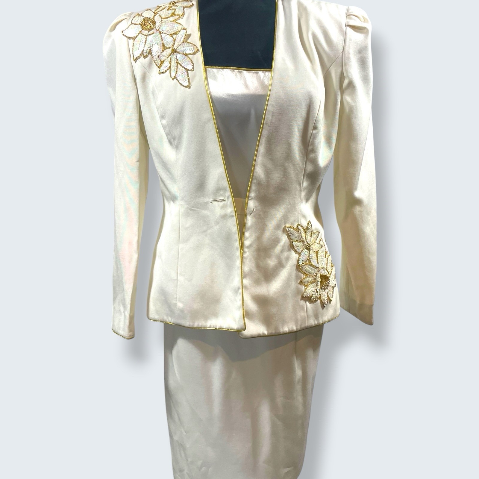 Vintage Abby Kent Ivory Satin Suit Set Sequin Applique 3pc USA 6/8