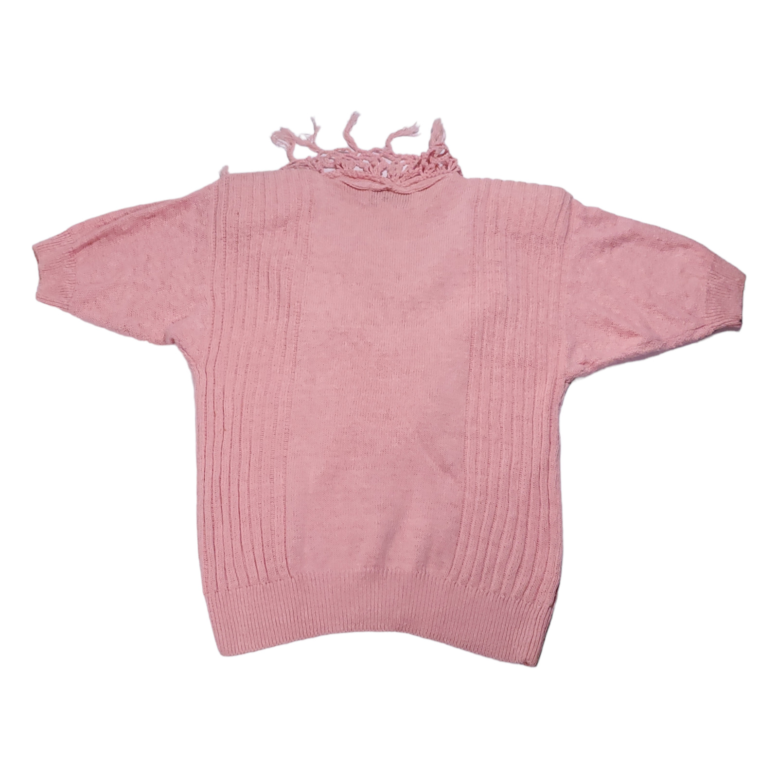VTG 80s Naturals by Maurada S/S Knit Sweater Top Womens S Pink Fringe Barbie