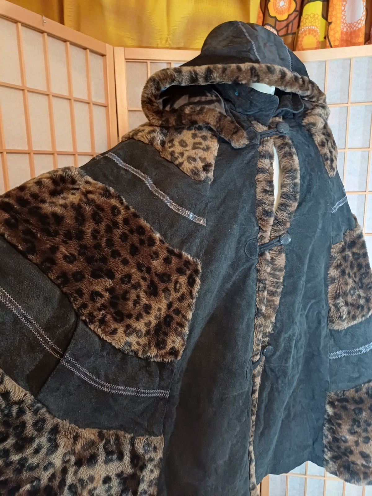 Vintage Suede Cape Poncho Faux Fur 38 40 Boho Black Leo