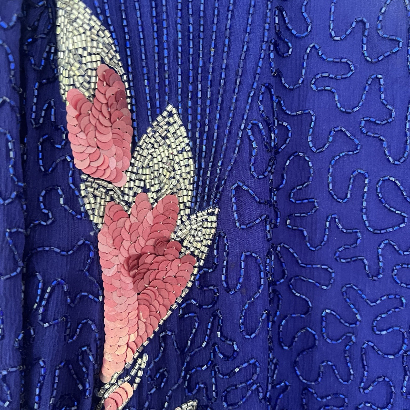Vintage 80s Cobalt Blue Pink Silk Beaded Floral Maxi Duster Jacket Sequin