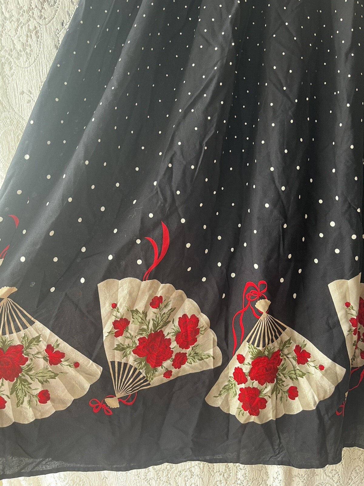 VTG California Connection Polka Dot Floral Fan Border Midi Skirt NWT S