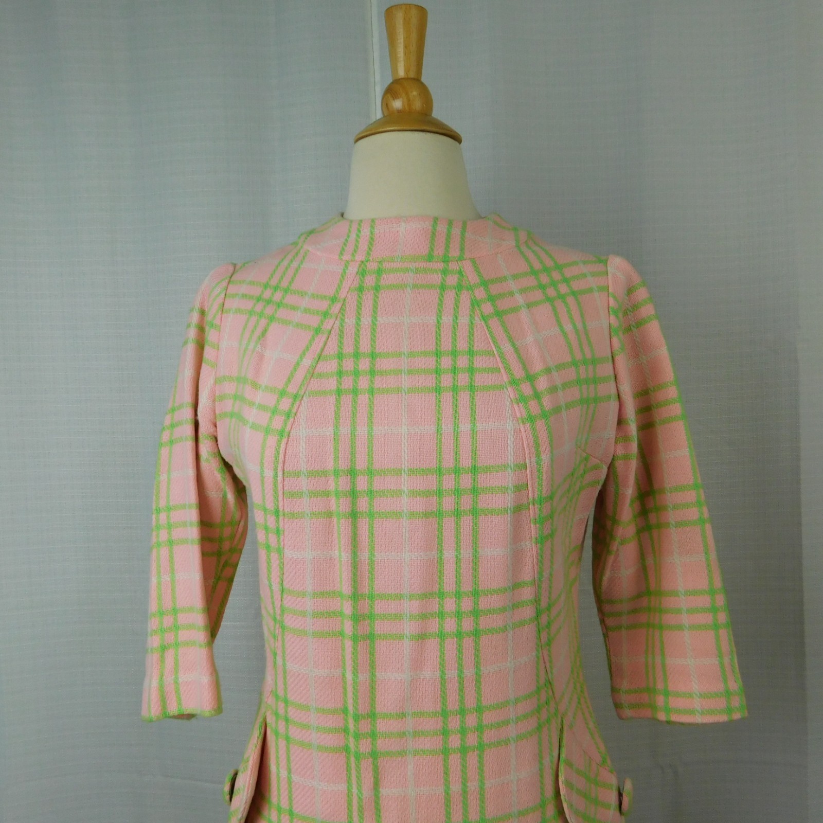 VTG 60s Mod Dress Womens Pink Lime Green Plaid Handmade Wool Knit Twiggy Gogo