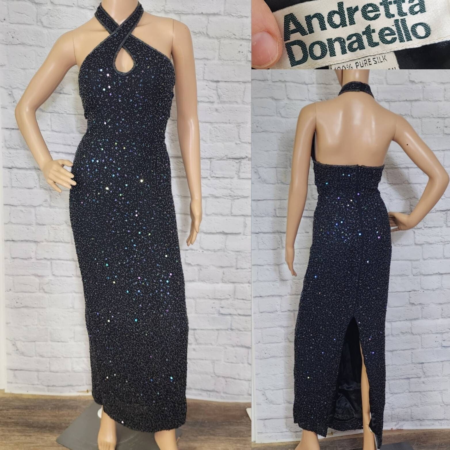 Vintage 90s keyhole halter Gown black Beading Column Evening Formal Size XS