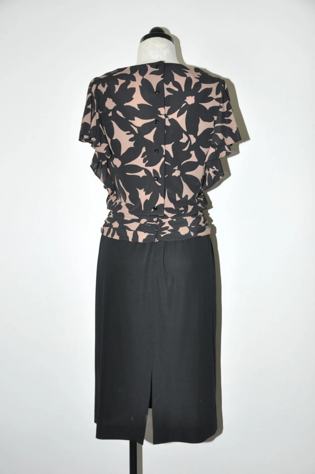 80s Vintage Black Beige Floral Print Back Buttons Draped Midi Dress Women S M