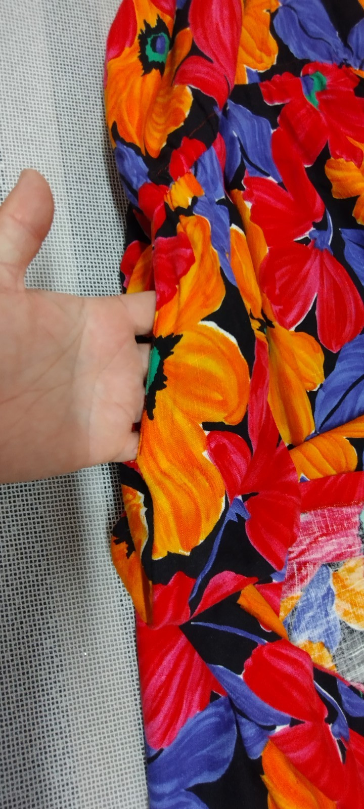 Vintage 1980s Big Floral Dress Sleeveless Sundress Red Orange Daisy Blue Medium