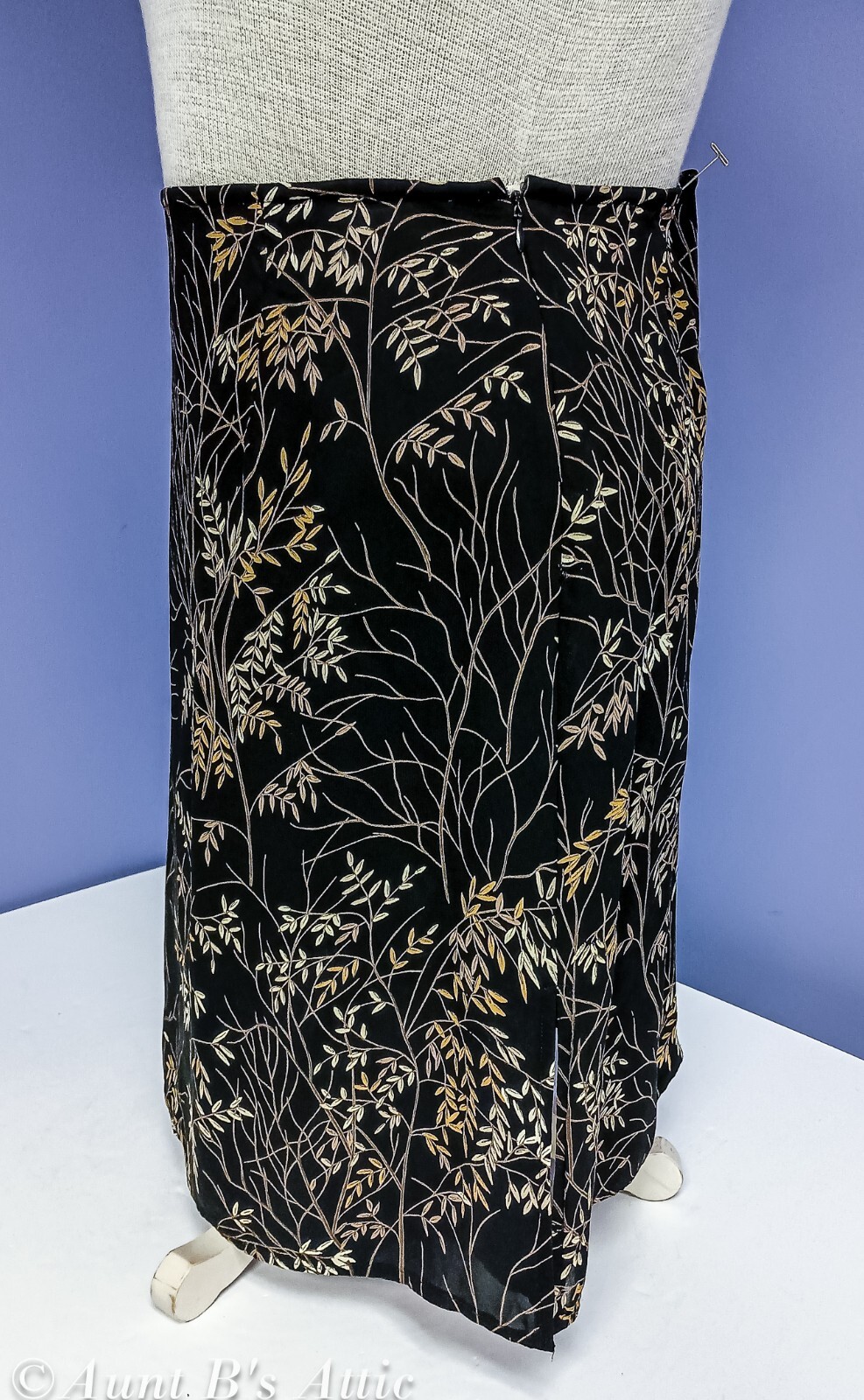 Ann Taylor Ladies Vtg Y2K Silk Black/Br Botanical Leaf Print Side Zip Skirt Lg