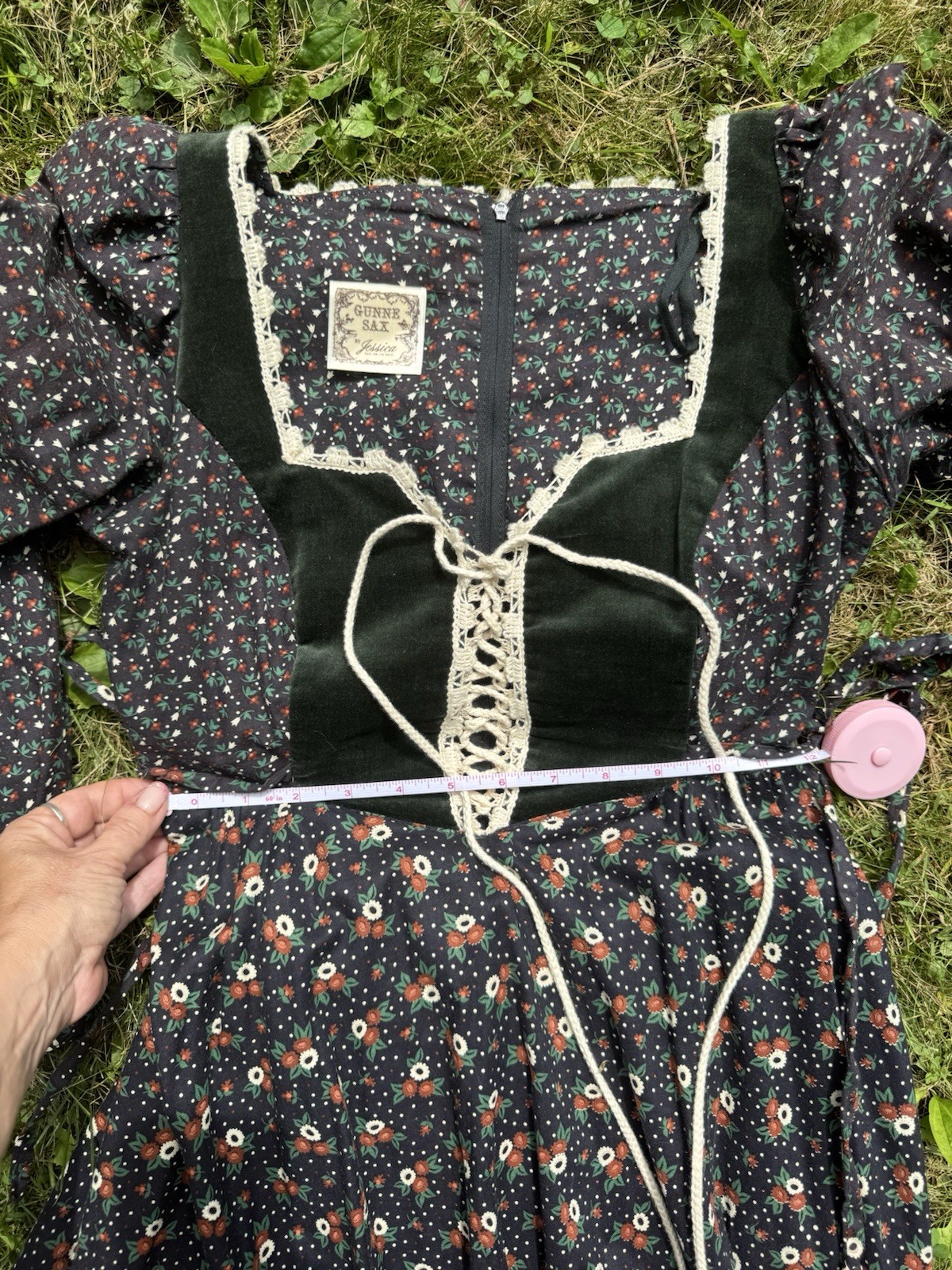Gunne Sax Gunne Sax green velvet + floral print dress with lace up corset Small