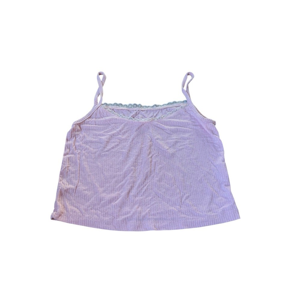 Lilac Purple Ribbed Knit Camisole Top Lace Trim Spaghetti Strap Cropped Top