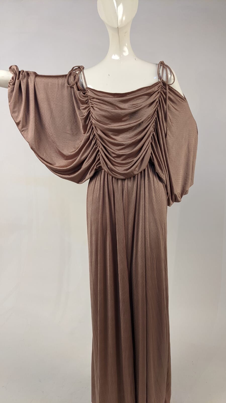 VINTAGE DRAPED METALLIC DOT RAYON LONG DRESS W MASSIVE PUFF SLEEVES 