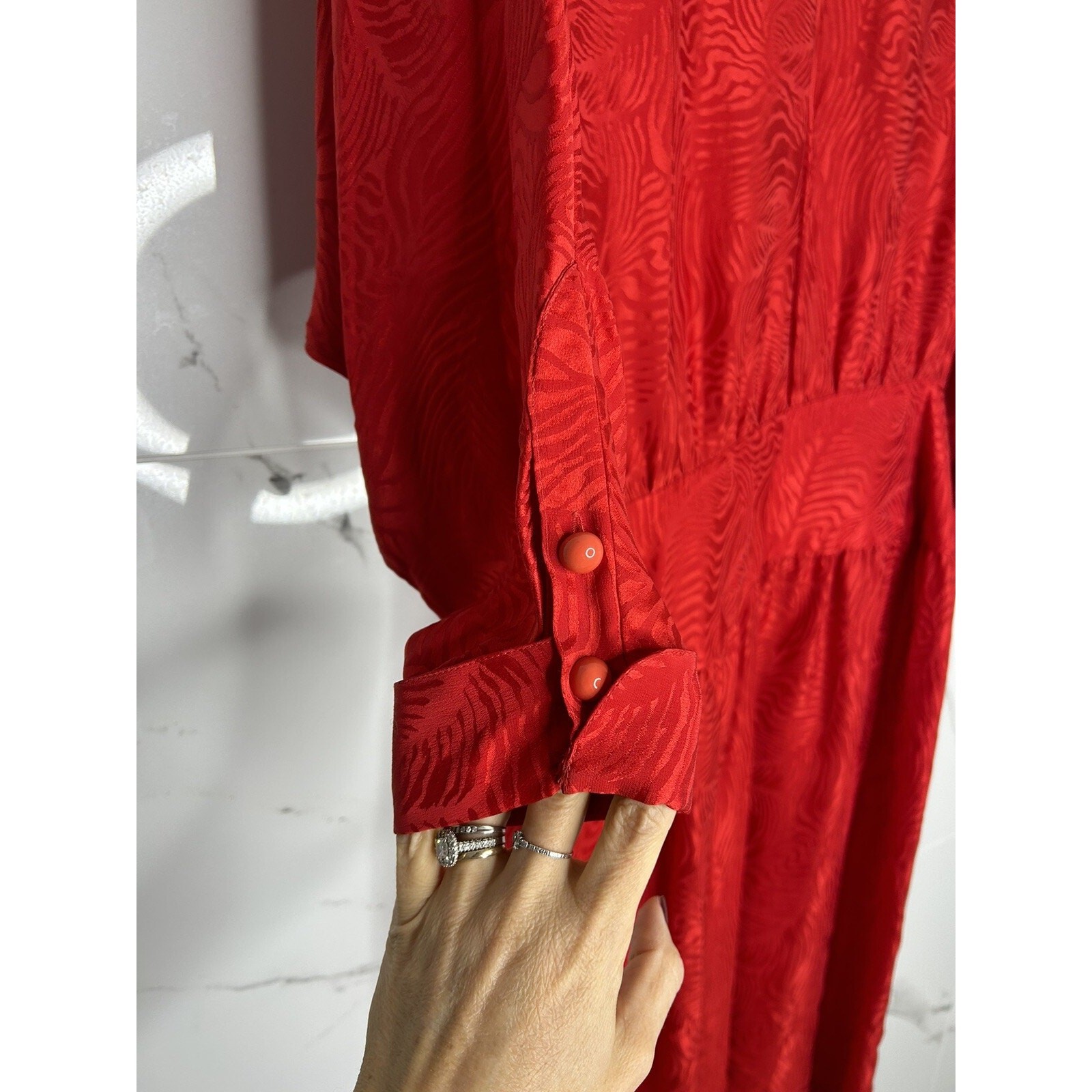 Vtg 80S SILK Jerri Sherman Midi Dress 12/L Red Jacquard Drop Waist Holidays