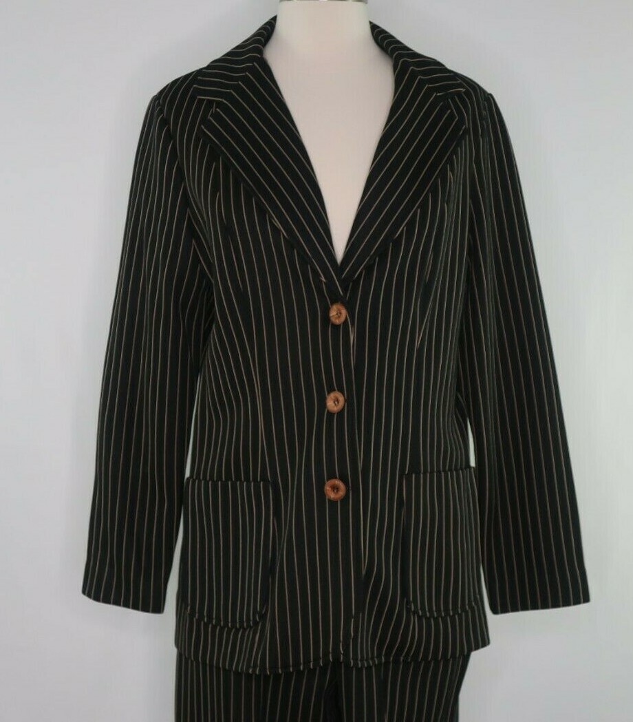VTG 70s Fairfield Zio ILGWU Black Tan Pinstripe Poly Pant Suit Sz 12