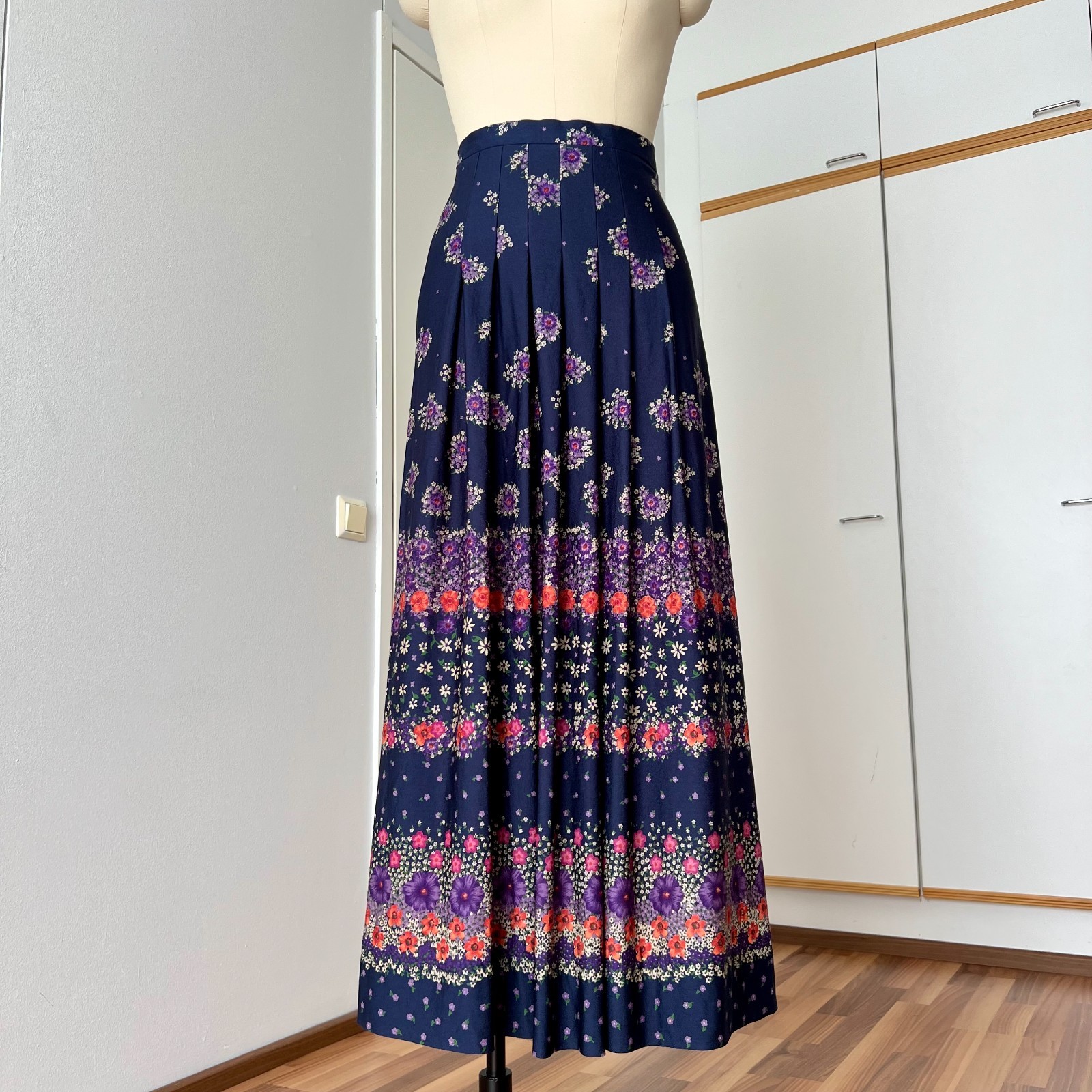 1970s Floral Pleated Maxi Skirt High Waist Boho Prairie Cottagecore Long Aline
