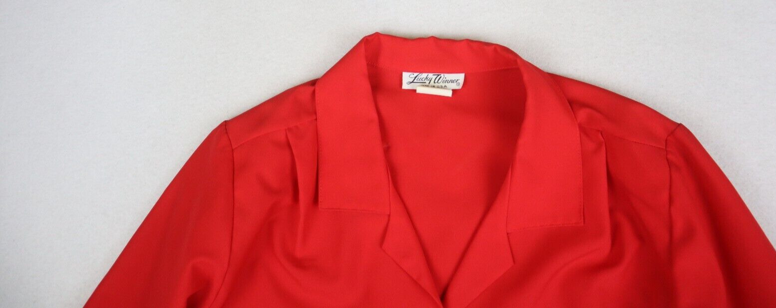 VINTAGE WOMEN’S RED LONG SLEEVE BUTTON-UP BLOUSE – LUCKY WINNER – SIZE 12