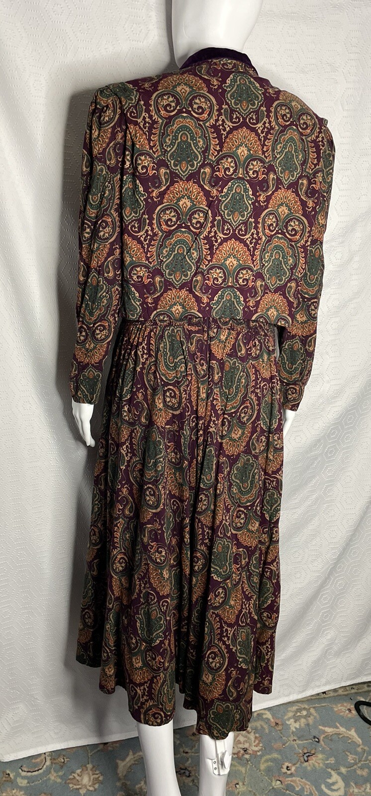 Karin Stevens 80s Vintage 2 Pc Midi Dress 14 Paisley Velvet Collar Jewel Tones