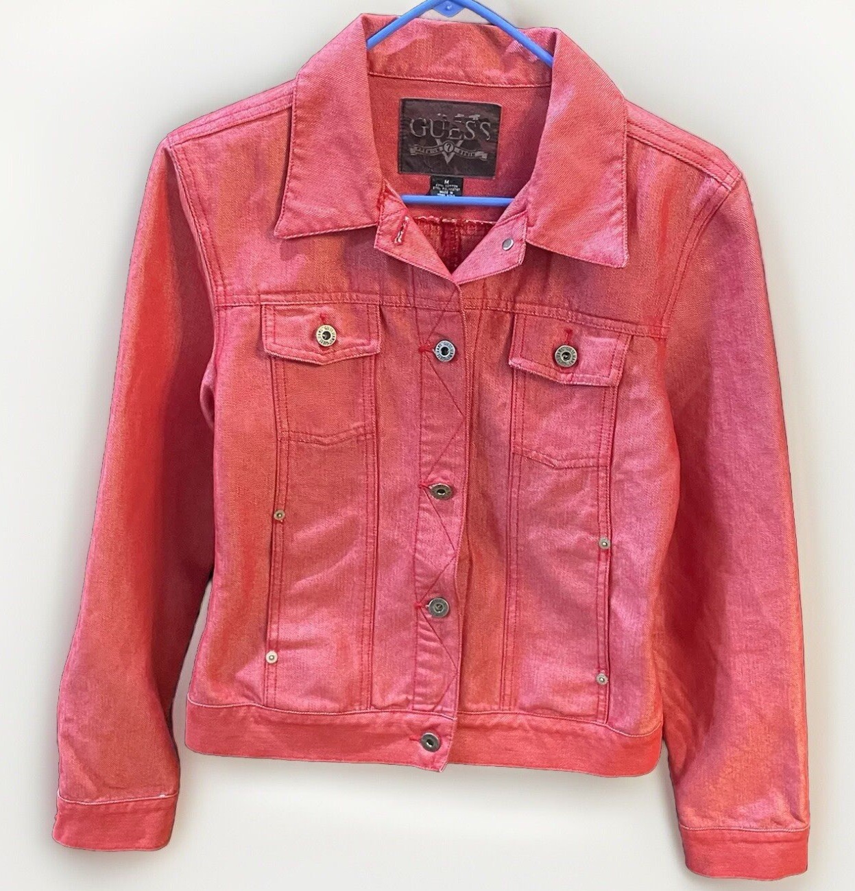 Vintage 90s Guess Red Denim Jean Rock Grunge Trucker Jacket RARE