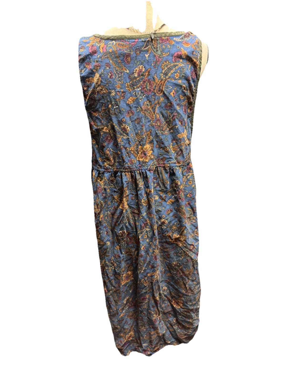 Vintage Erika &Co Blue Corduroy Jumper w Earthtones Gold Paisley Florals Size L