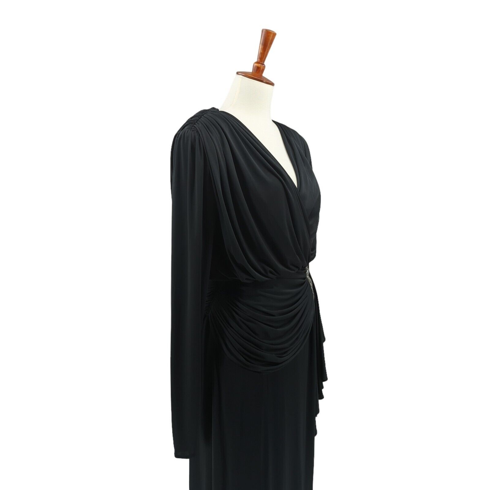 VTG 80s Tadashi Shoji Women 6 Dress Black Gown Beaded Faux Wrap Empire Waist