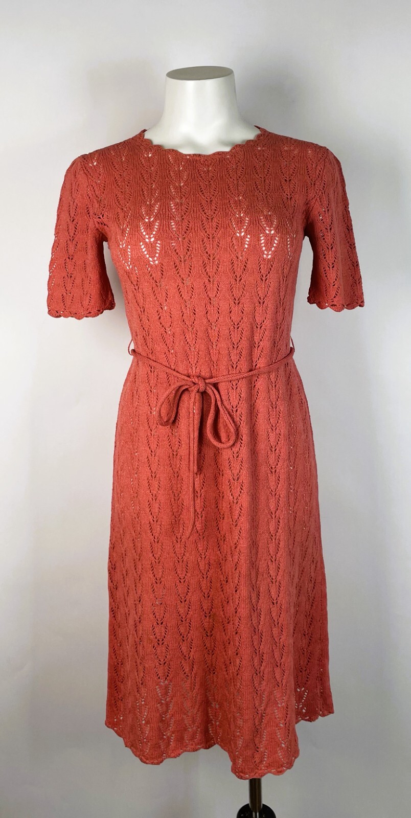 Vintage 1950s coral Pink Eyelet Midi Day Dress Waist Tie Fits a S/M