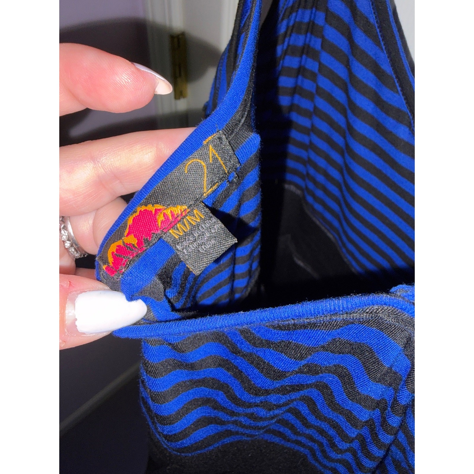 Forever 21 Vintage Striped Mini Dress M Blue Black V-Neck Spaghetti Strap Y2K