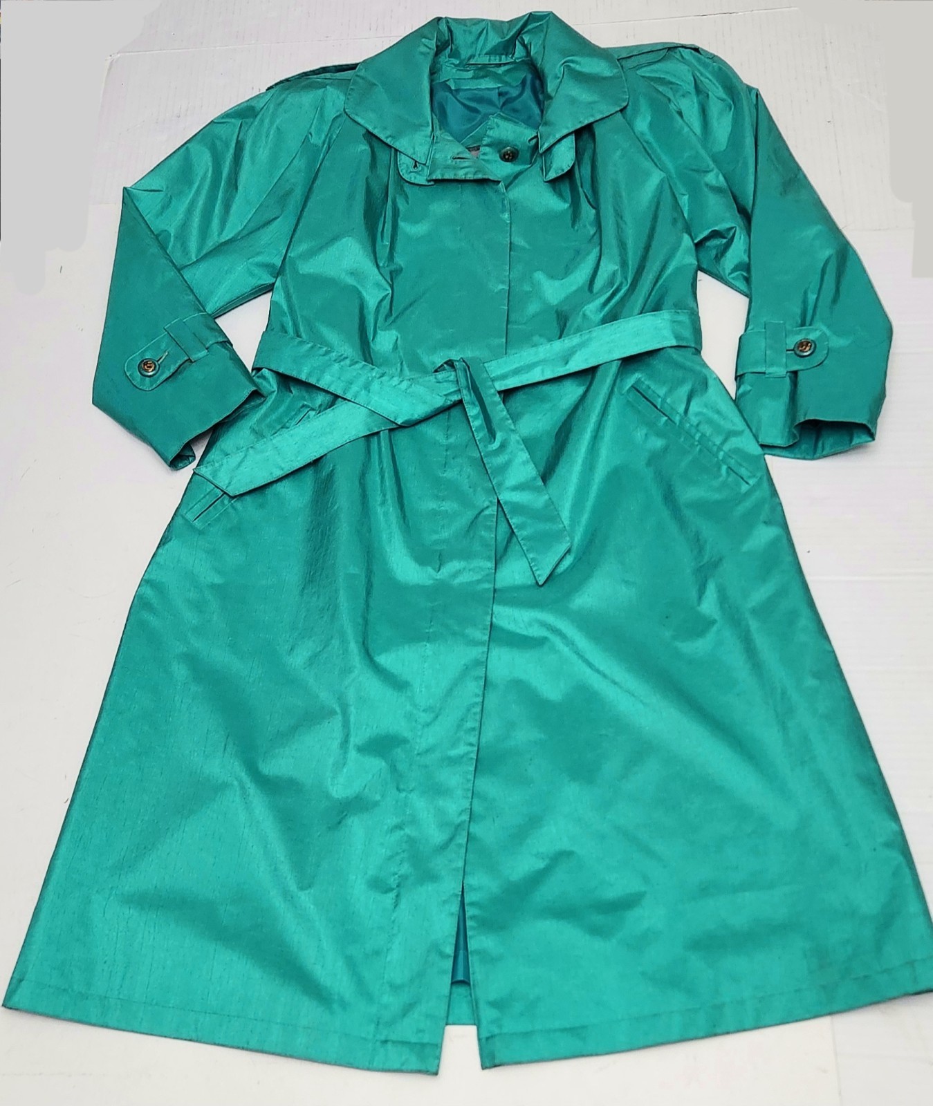 Vintage 80s British Mist Women’s Shiny Teal Rain/Trench Coat 9/10 Petite VG