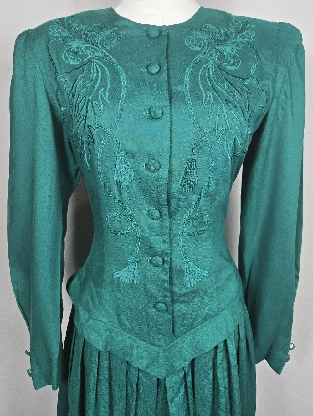 Vintage 80s Kathie Lee Emerald Embroidered Prairie Midi Dress Cottagecore Sz 6