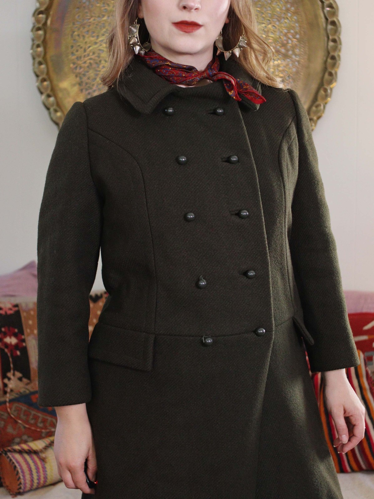 Vintage 1960s The Halle Bros Co deep olive green wool princess Peacoat 60s