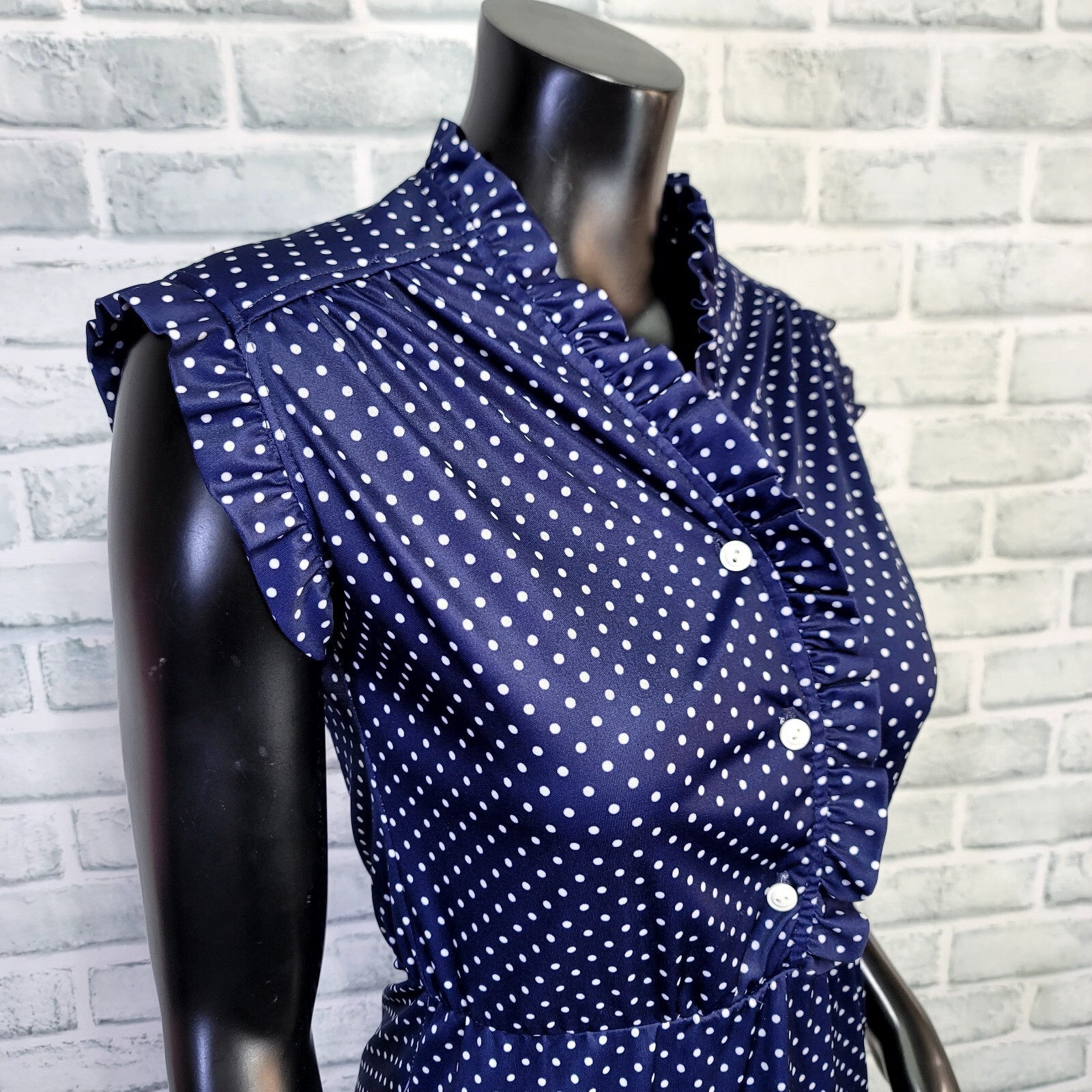 Vintage 70s Avon Fashion S Navy White Polka Dot Ruffle Sleeveless Sheath Dress