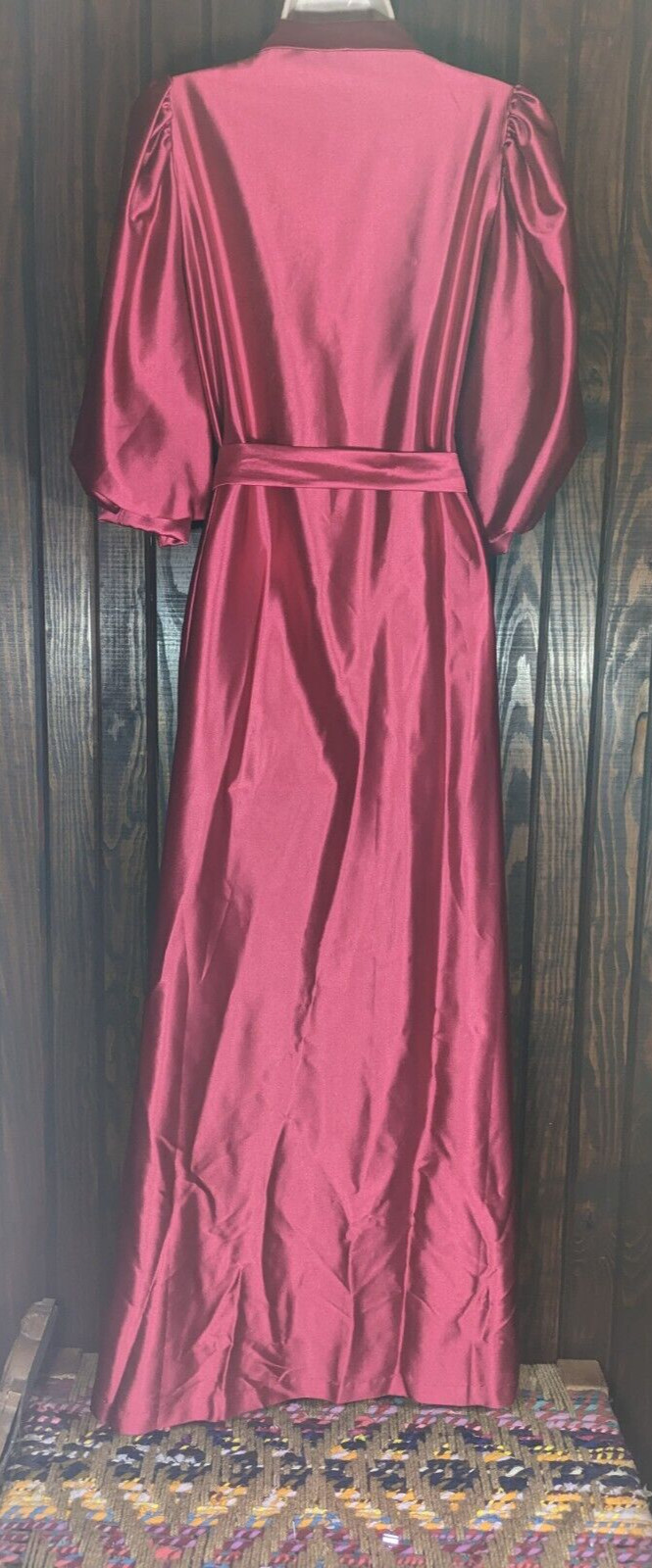 MISS ELAINE VTG 80Ss Rose Pink Satin Long Robe Puffy Sleeves Wrap Belt MED