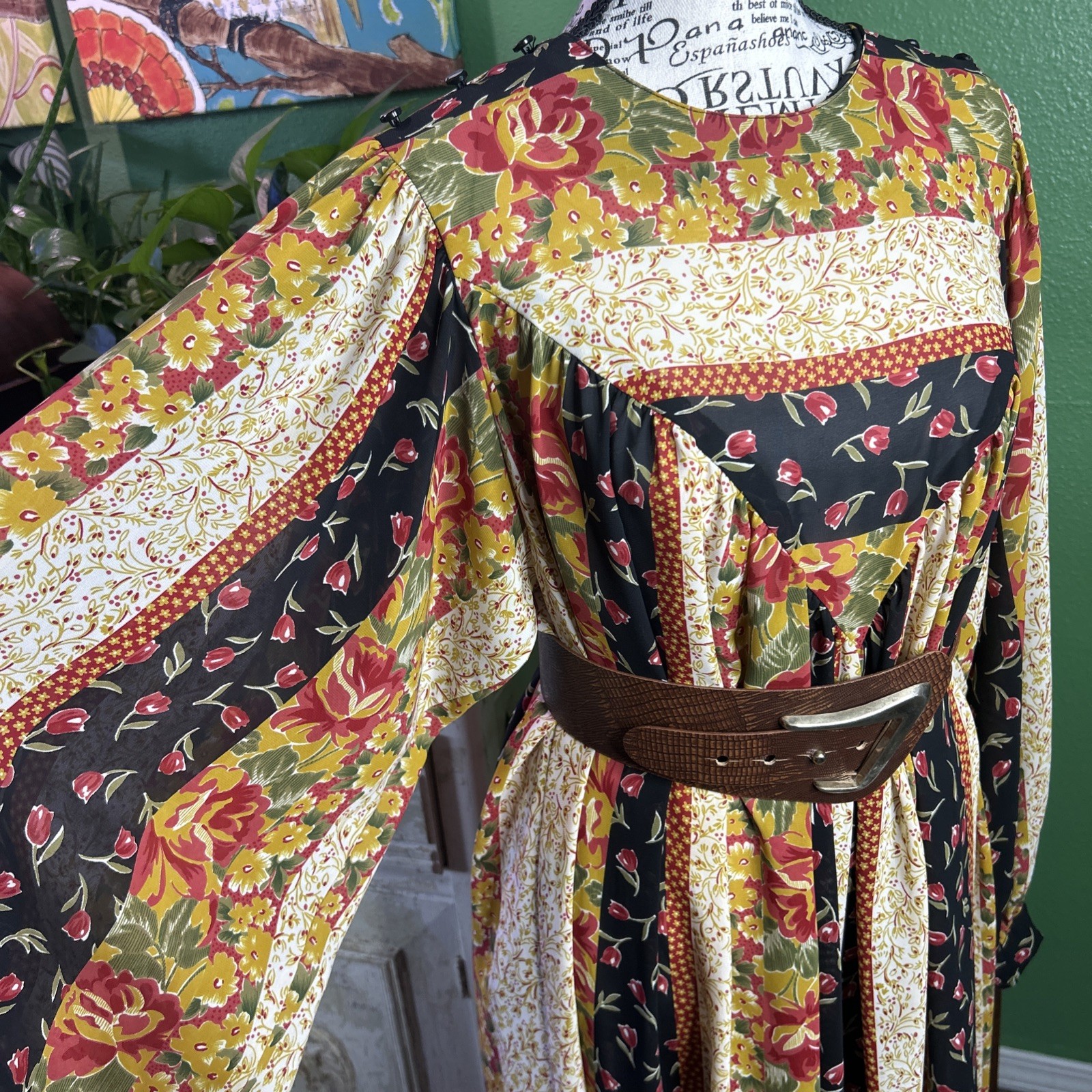 Vtg Chez 70s Balloon Sleeve Midi Floral Jumpsuit Dress Boho Cottage Country