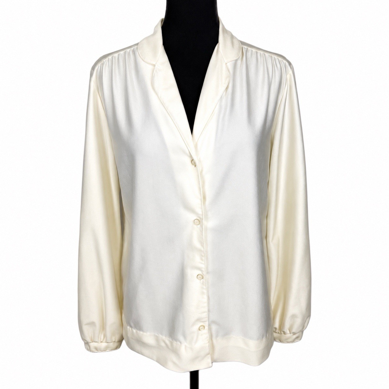 Vintage Ship N Shore Ivory Satin-Look Button Front Size 12 Blouse Qiana Nylon