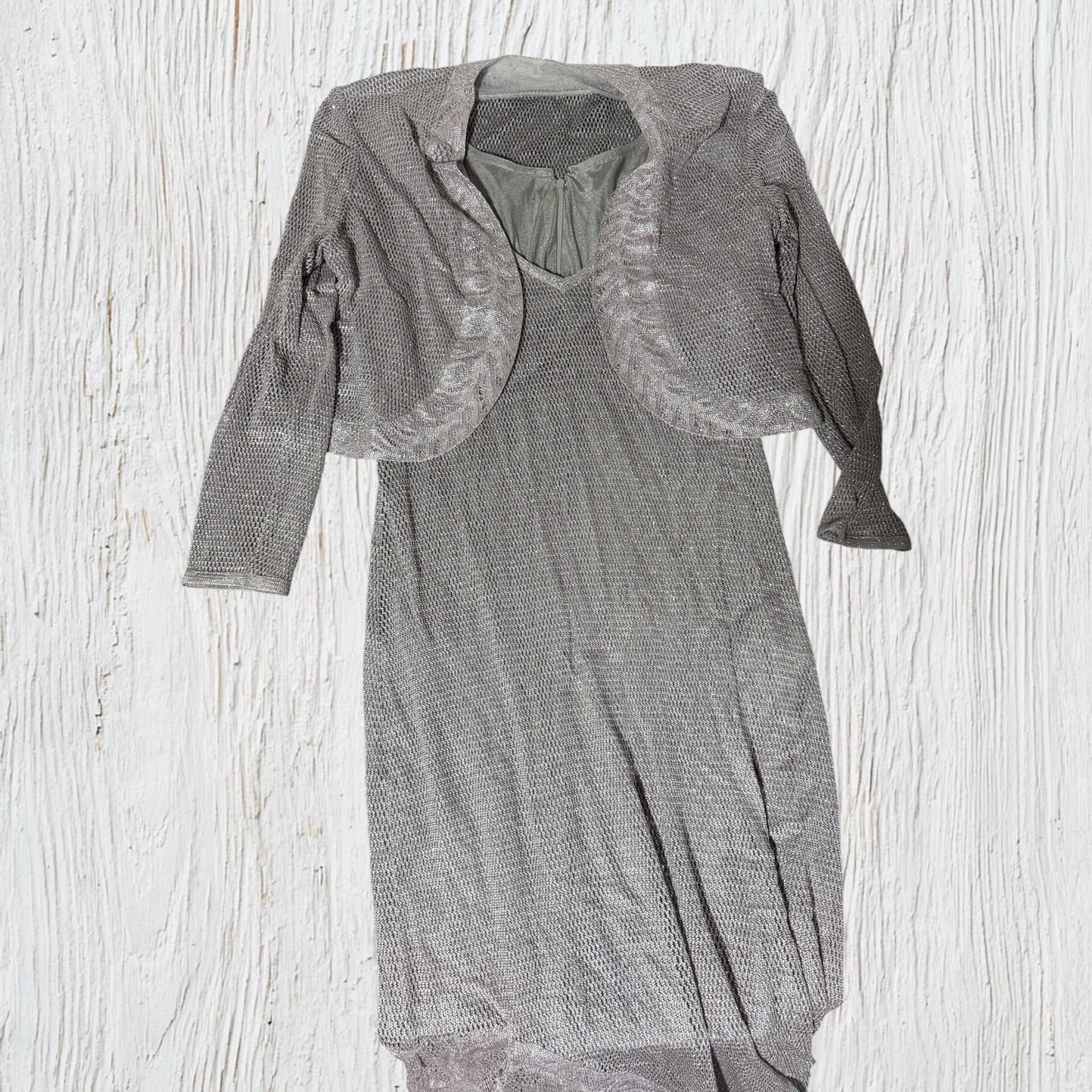 Vintage Damianou Silver Metallic Knit Dress and Bolero Jacket Set – Women’s XL