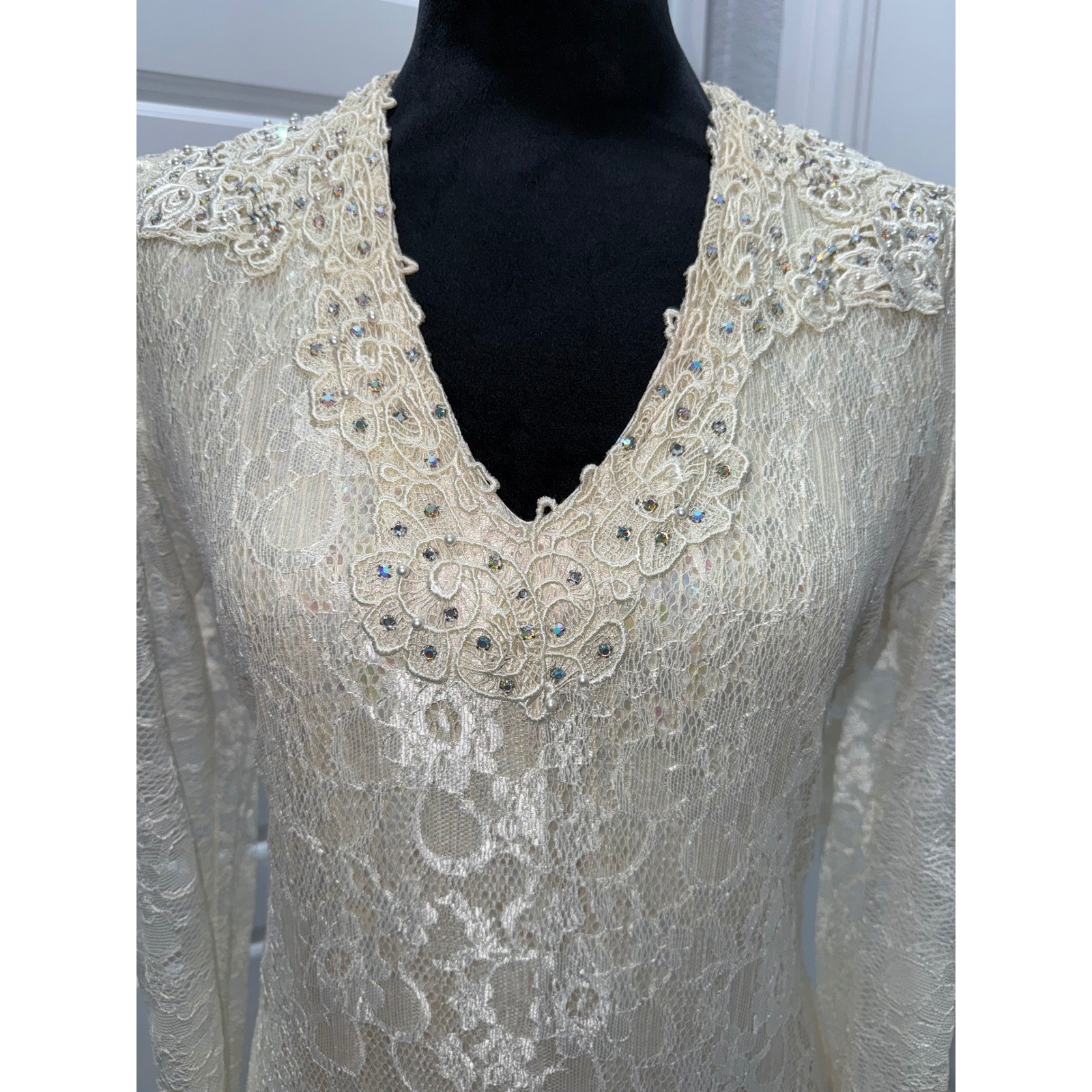 Gidding Jenny Long Sleeve Dress 8 100% Silk Lace Gown Beaded V-Neck 20th Century