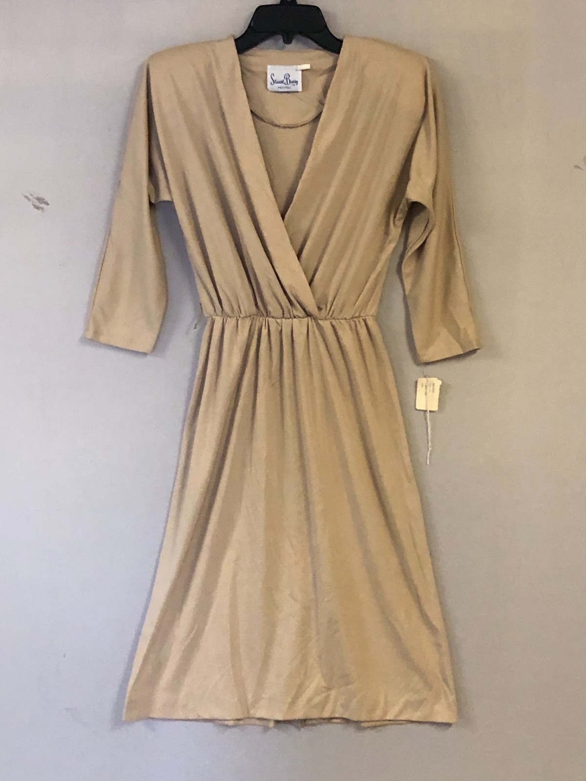 Vintage 80s Stuart Barry Petites Beige Knit Size 8 Dress 3/4 Sleeve NOS