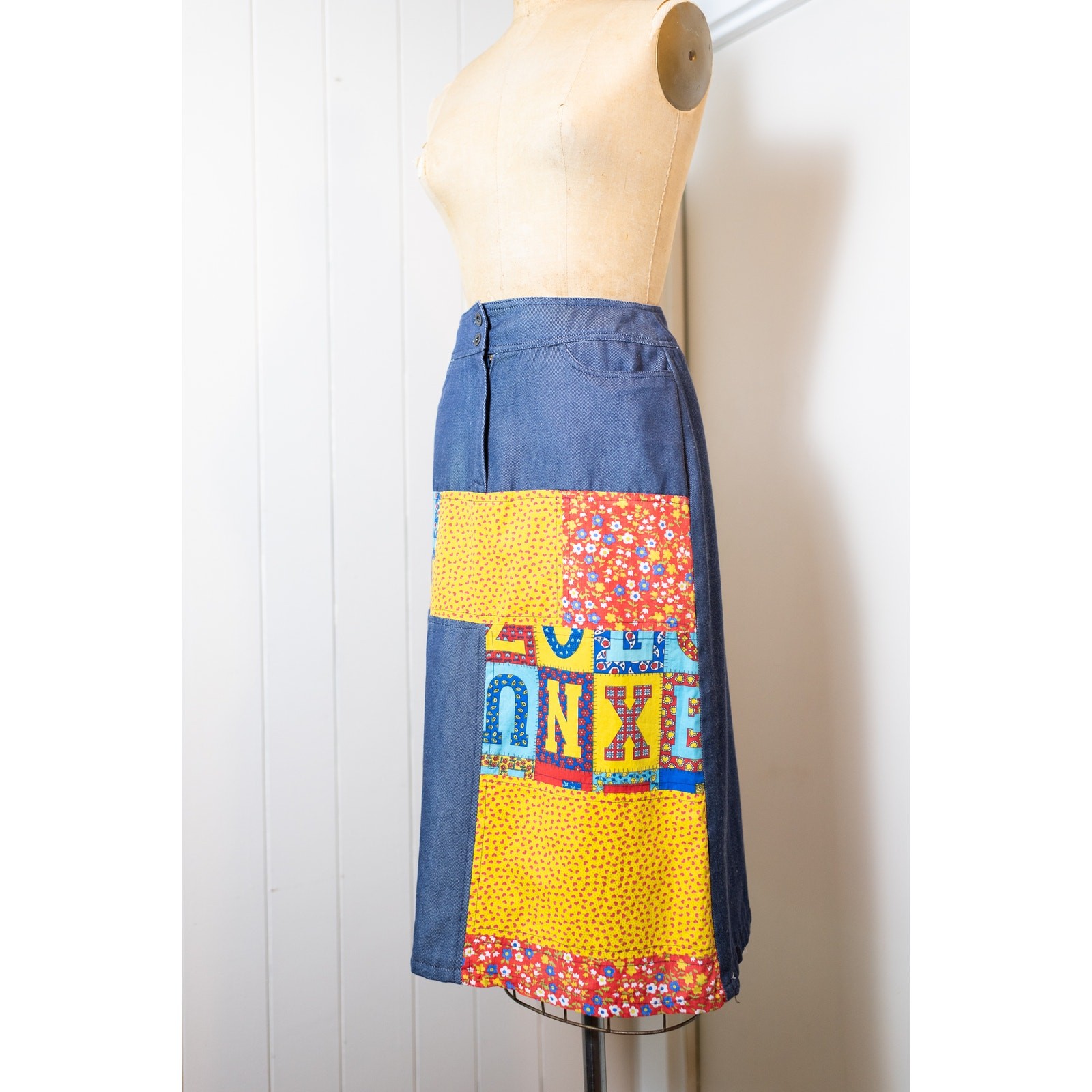 Vintage 70s Patchwork Alphabet Skirt, Colorful Chambray A-Line, Boho Artsy Small