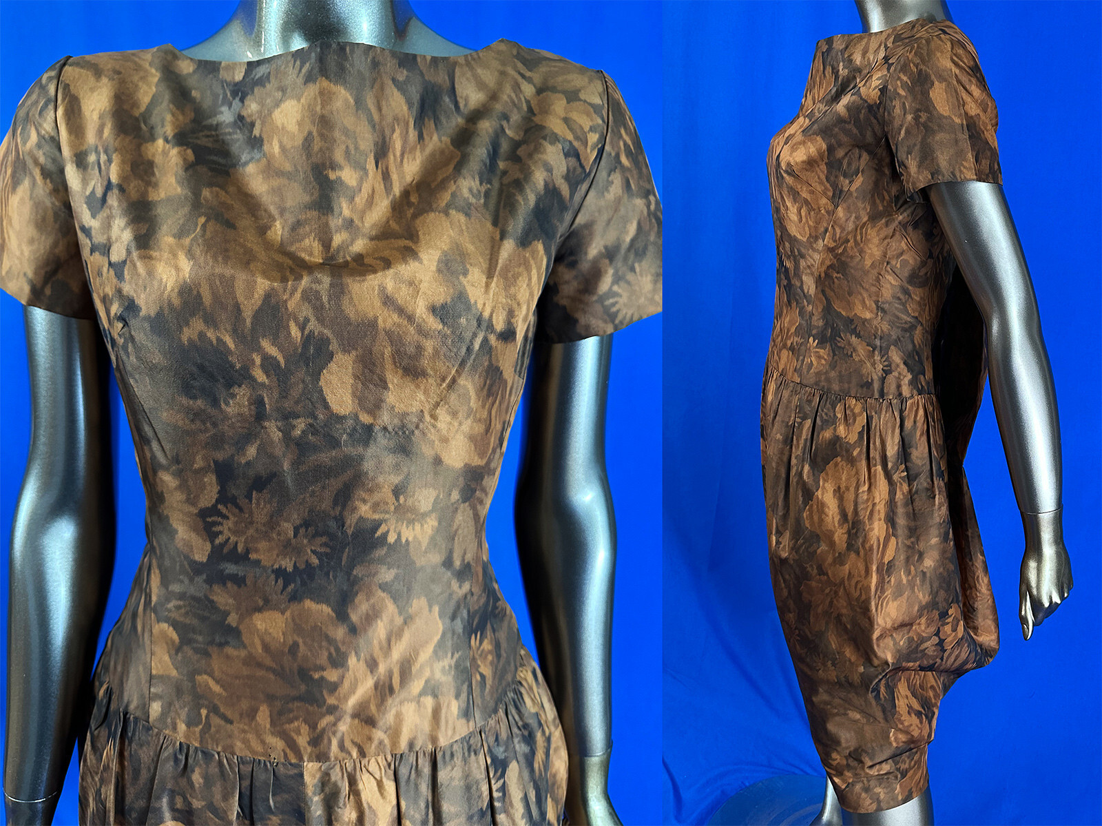 Vintage Guy Laroche France Floral Silk Moire Taffeta Watteau Back Cocktail Dress