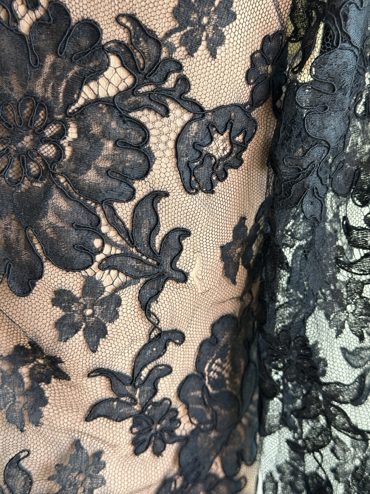 1960s Black Nude Gothic Corded Chantilly Lace Mini Dress Custom Couture As Is S